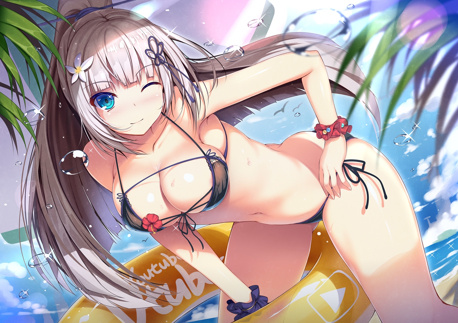 animal, aqua_eyes, bikini, bird, breasts, bubbles, cleavage, clouds, flowers, itsuki_online, itsuki_touka, long_hair, migumigu, navel, ponytail, sky, swim_ring, swimsuit, water, white_hair, wink