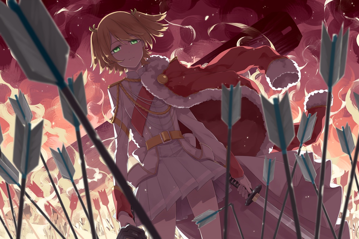 blonde_hair, daiba_nana, green_eyes, katana, military, sakuraba_yuuki, short_hair, shoujo_kageki_revue_starlight, skirt, sword, twintails, weapon