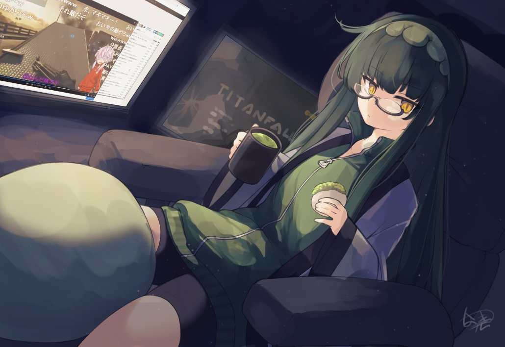 bike_shorts, computer, dark, drink, food, glasses, green_hair, headband