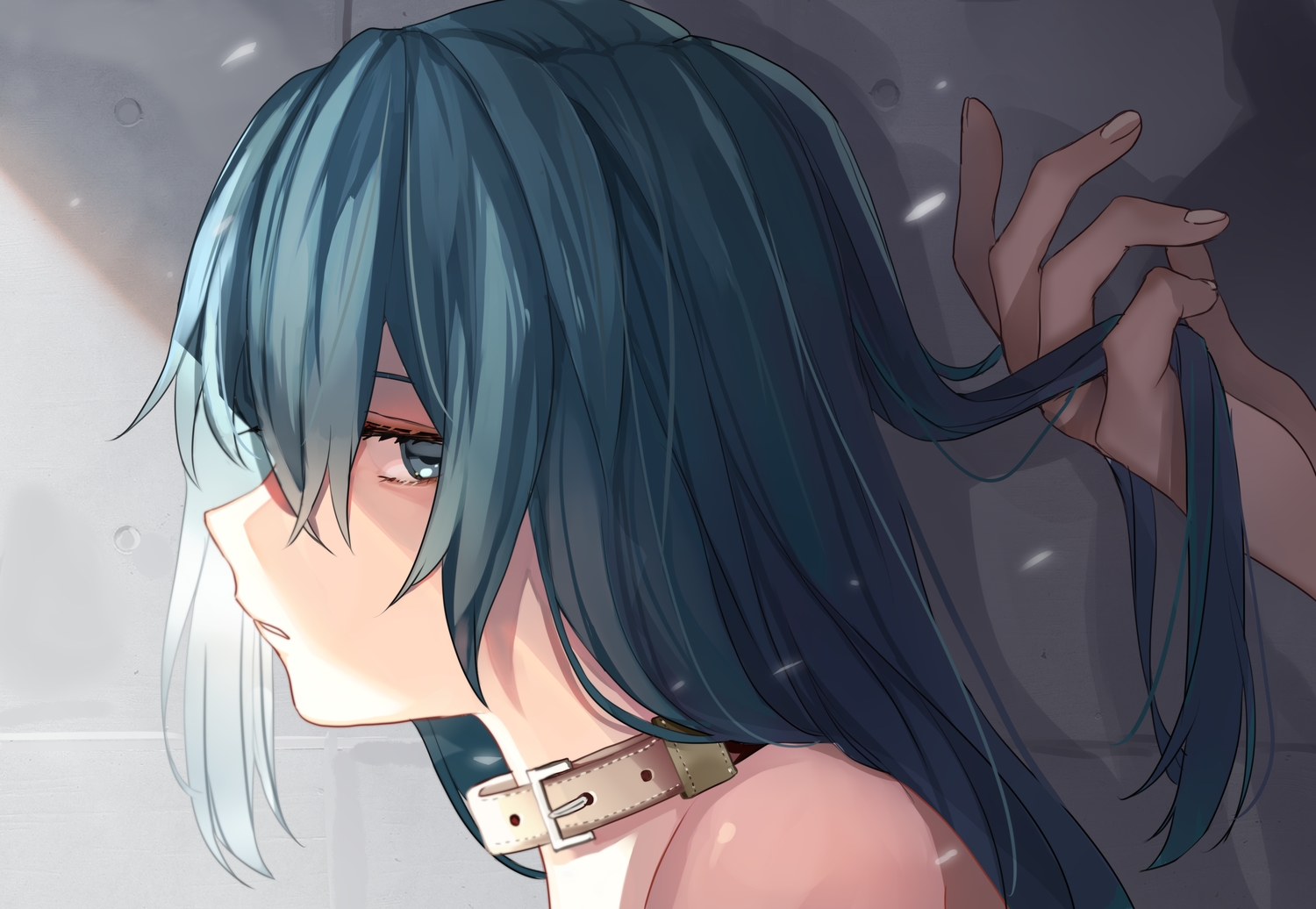 close, collar, derori, green_eyes, green_hair, long_hair, original