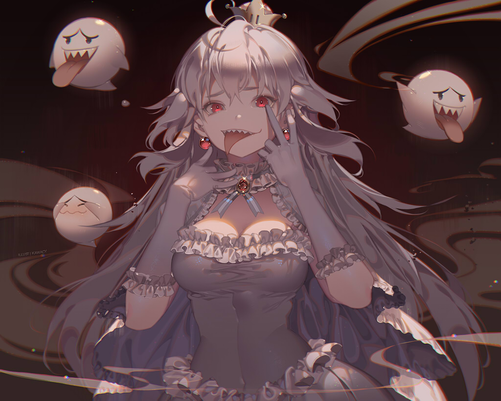 boo, breasts, cleavage, crown, dress, elbow_gloves, gloves, kawacy, long_hair, luigi's_mansion, princess_king_boo, red_eyes, super_mario_bros, watermark, white_hair