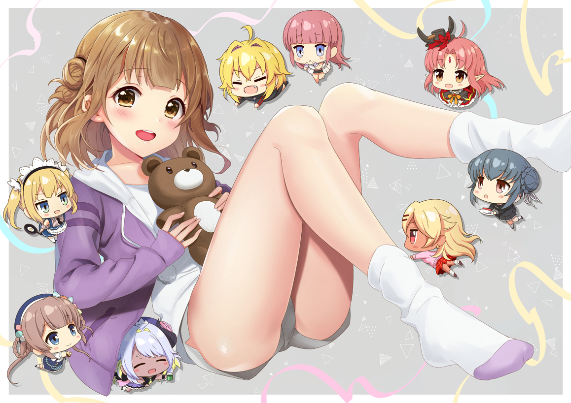 amaryllis_gumi, azuki_yui, blonde_hair, blue_eyes, brown_eyes, brown_hair, chibi, group, hinase_sakura, kotohara_hinari, long_hair, lull_luzyca, miruku_purin, ouga_saki, pink_hair, red_eyes, short_hair, teddy_bear, tetra_channel, tetra_(vtuber), wings, yellow_eyes, yoshimochi_moni, yotsutsuji_mayoi