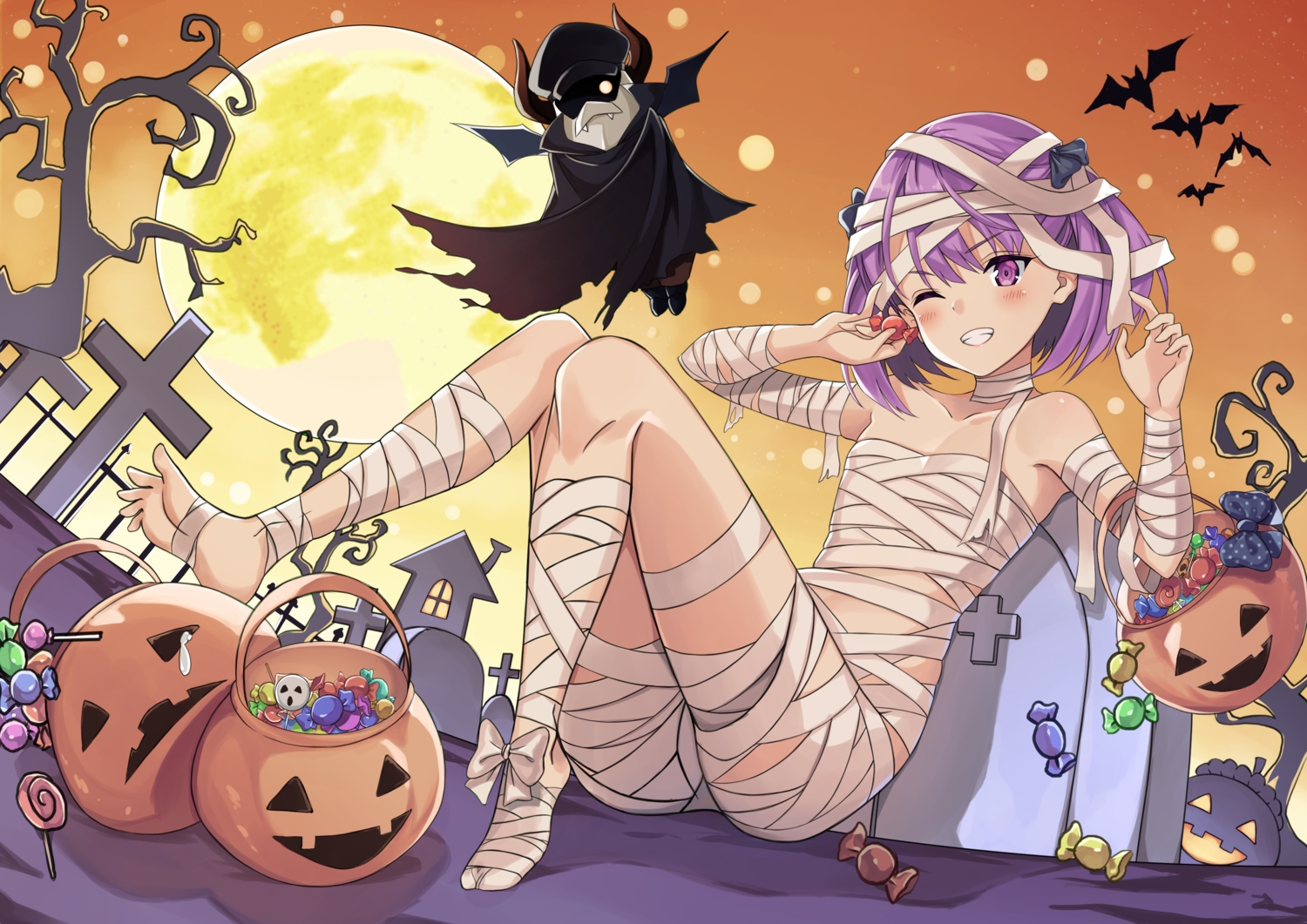 blush, bondage, candy, fate/grand_order, fate_(series), halloween, helena_blavatsky_(fate), lollipop, pumpkin, purple_eyes, purple_hair, red_eyes, ryan_edian, short_hair, tree, wink