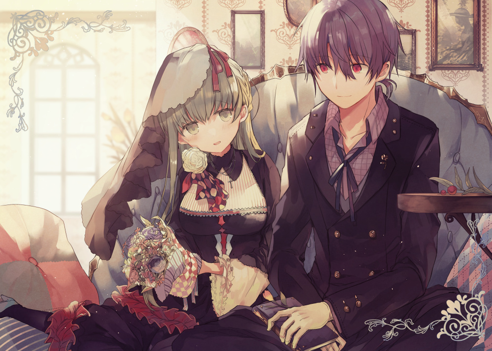 book, cecilia_(shiroseijo), flowers, green_eyes, green_hair, headdress, kazutake_hazano, lawrence_(shiroseijo), lolita_fashion, long_hair, male, purple_hair, red_eyes, shiro_seijo_to_kuro_bokushi, short_hair