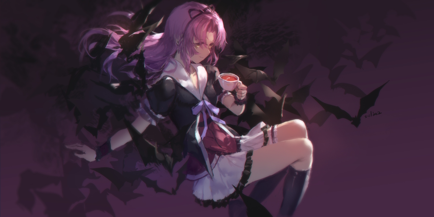 animal, bat, drink, eiyuu_densetsu, garter, headband, kneehighs, long_hair