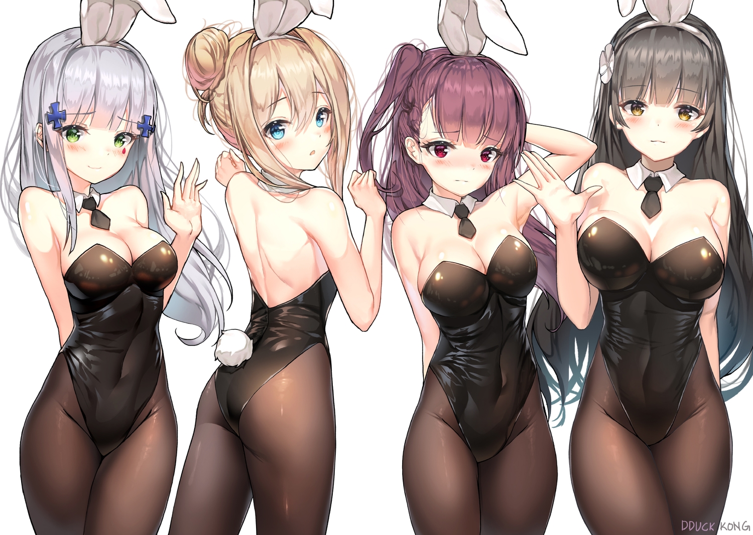 animal_ears, anthropomorphism, aqua_eyes, ass, black_hair, blonde_hair, blush, bodysuit, breasts, bunny_ears, bunnygirl, cleavage, girls_frontline, green_eyes, group, headband, hk416_(girls_frontline), lee_seok_ho, long_hair, pantyhose, ponytail, purple_hair, red_eyes, signed, suomi_(girls_frontline), tail, tie, type_95_(girls_frontline), wa2000_(girls_frontline), white_hair, yellow_eyes