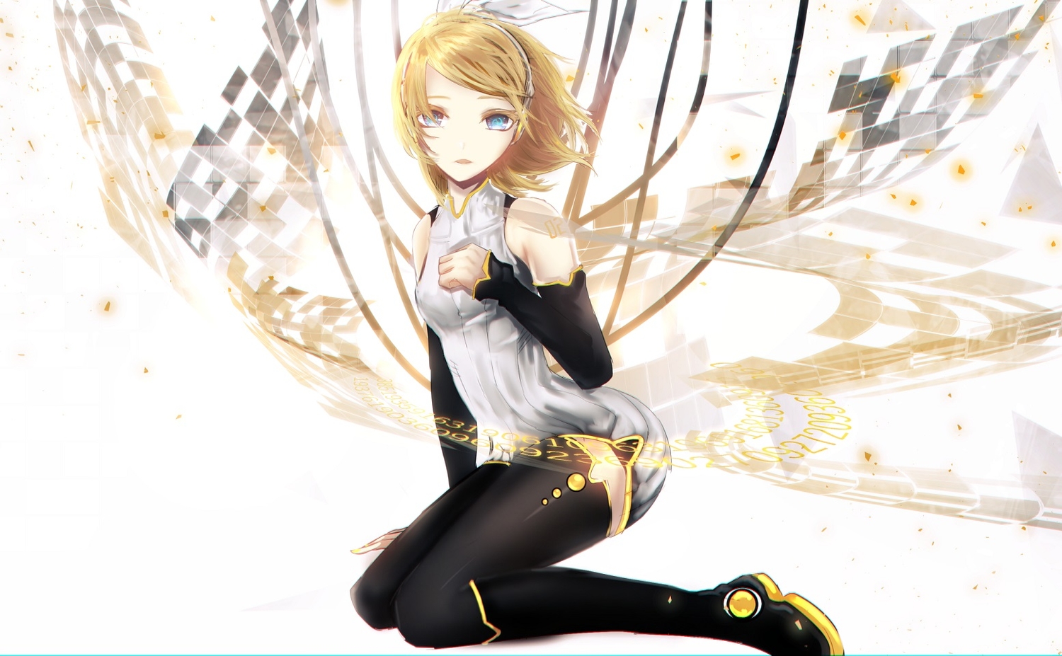aqua_eyes, blonde_hair, boots, dress, headphones, kagamine_rin, nyakkunn, short_hair