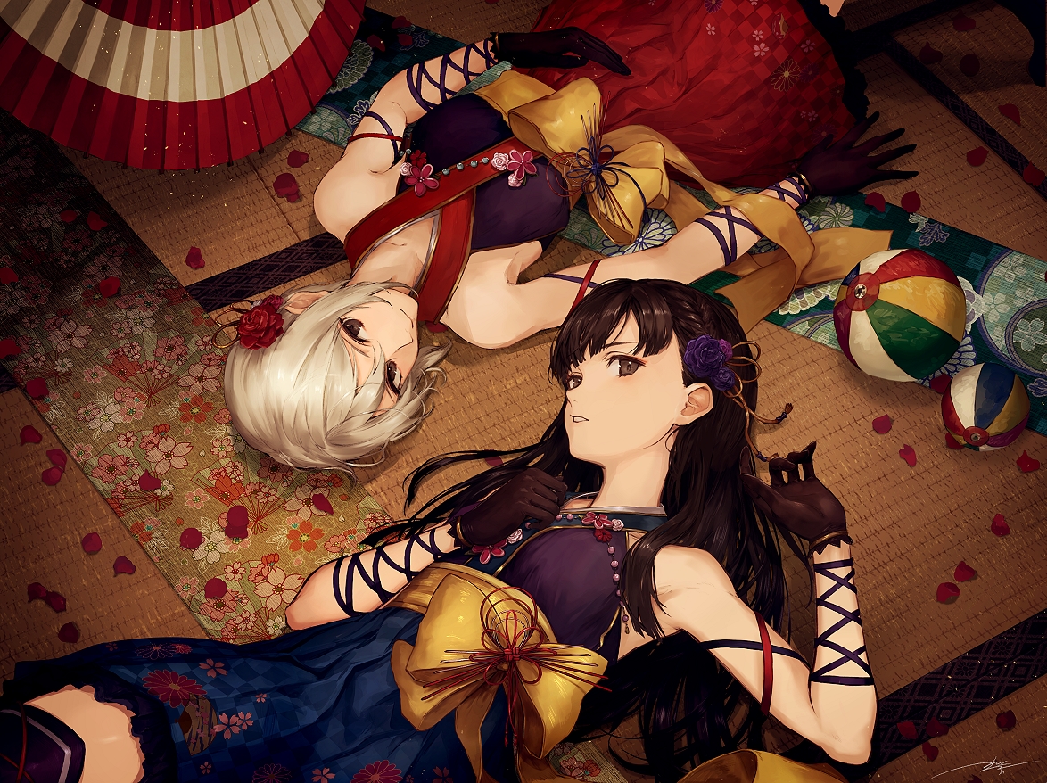 2girls, aliasing, ball, bow, braids, brown_eyes, brown_hair, gloves