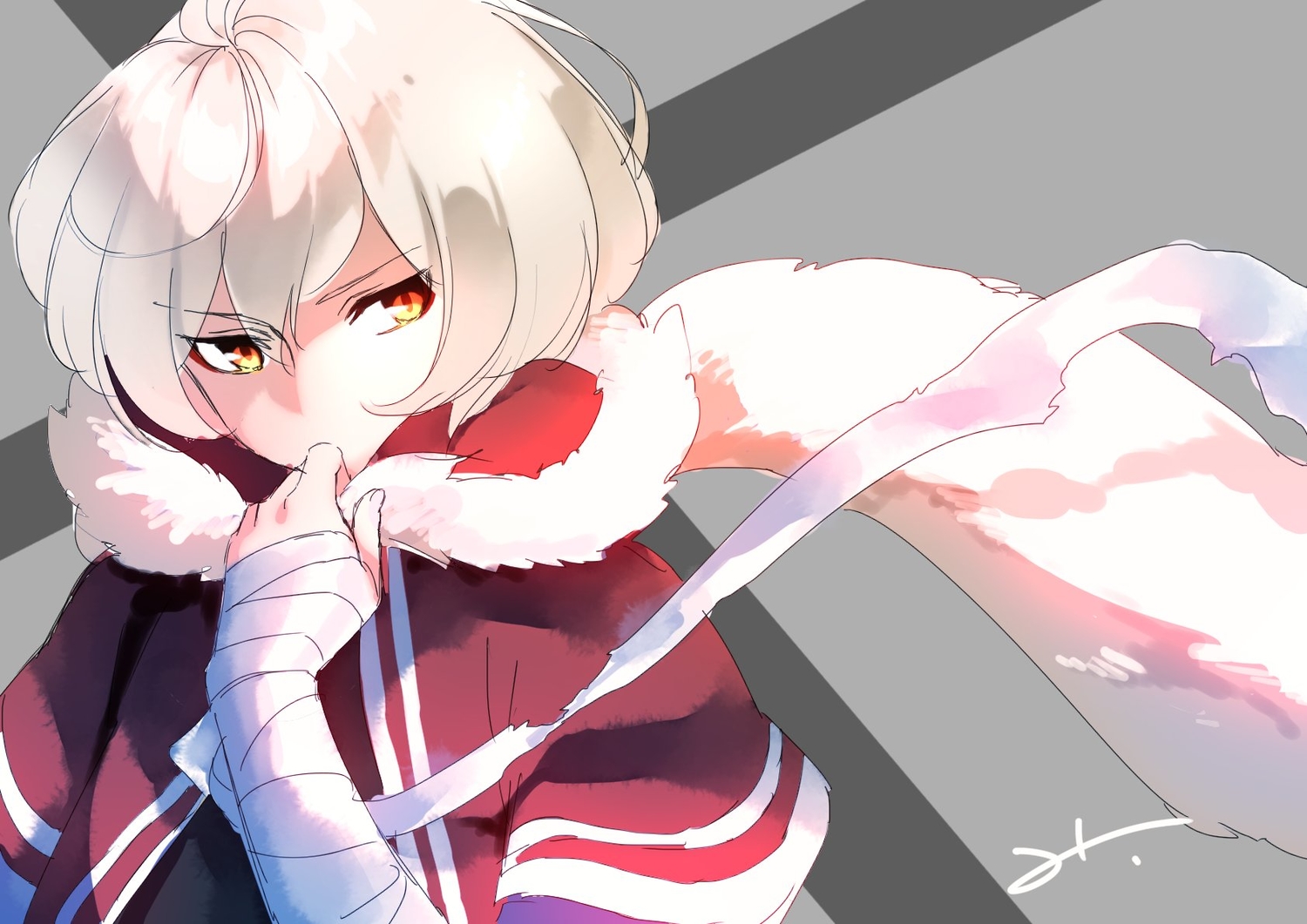 aliasing, bandage, bicine, cape, close, hood, hugtto_precure, mitsuhashitaeko, orange_eyes, precure, short_hair, signed, sketch, white_hair