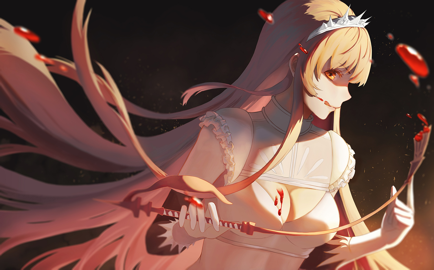 blonde_hair, blood, breasts, cleavage, elbow_gloves, fate/grand_order, fate_(series), gloves, long_hair, medb_(fate/grand_order), olin_(nienxddd), orange_eyes, tiara, weapon