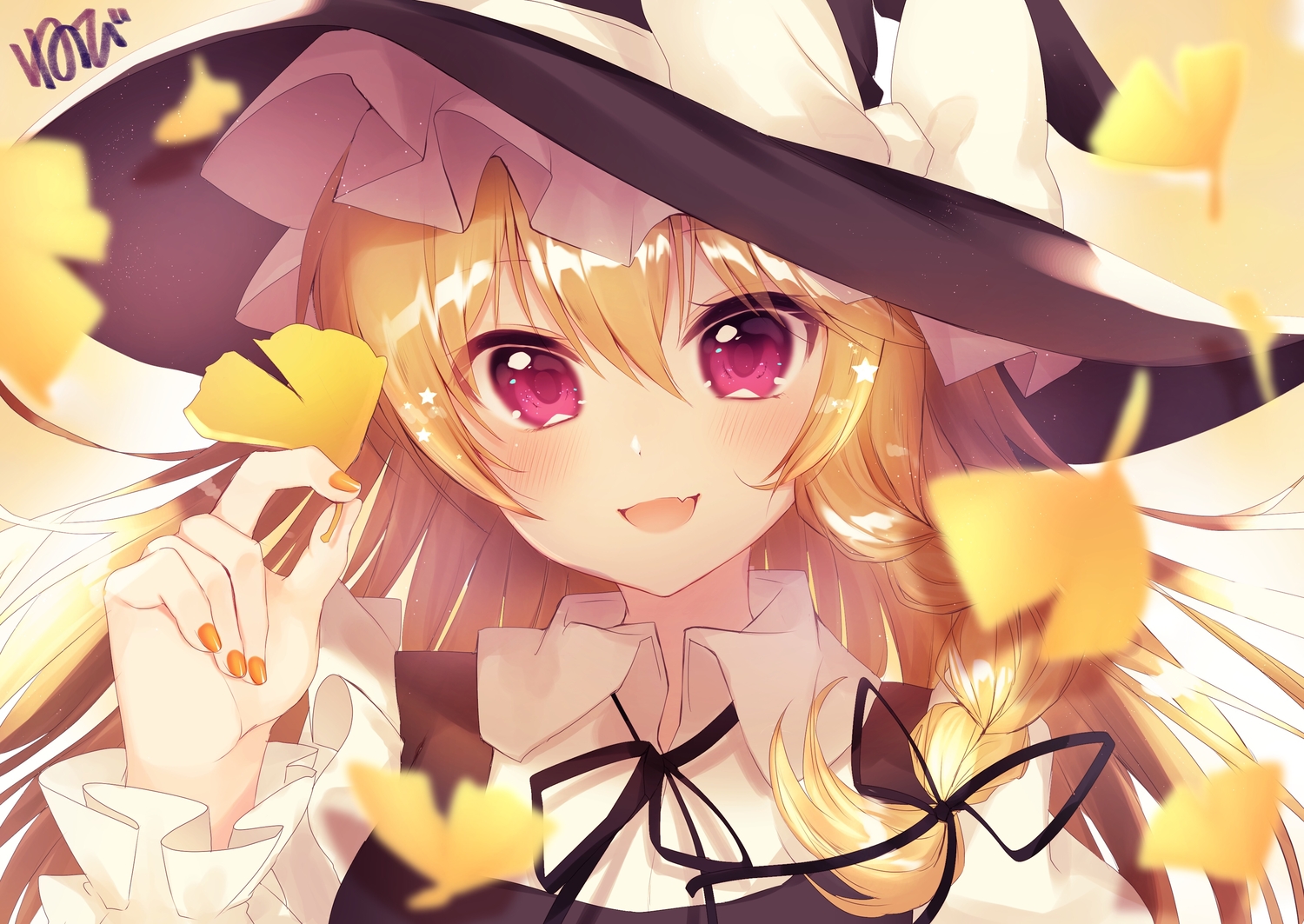autumn, blonde_hair, blush, close, fang, hat, kirisame_marisa, leaves, long_hair, neno_(nenorium), purple_eyes, ribbons, signed, touhou, witch_hat