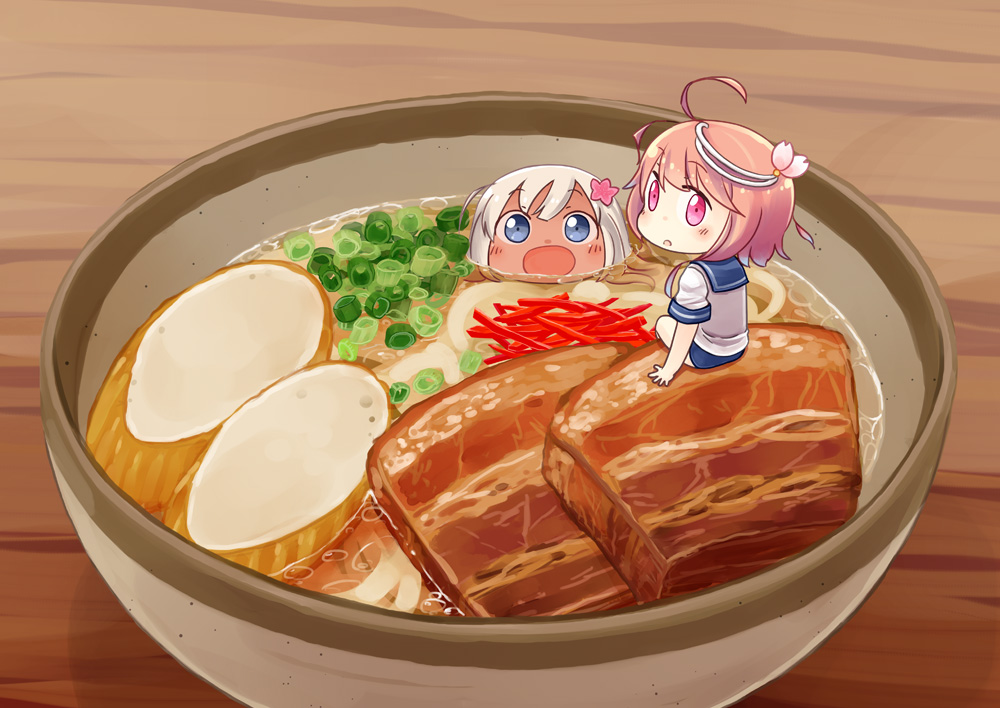 2girls, anthropomorphism, blue_eyes, dark_skin, food, hinata_yuu_(artist), i-58_(kancolle), kantai_collection