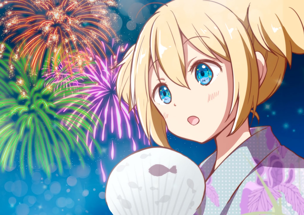 aqua_eyes, blonde_hair, chikanoko, close, fan, fireworks, japanese_clothes, night