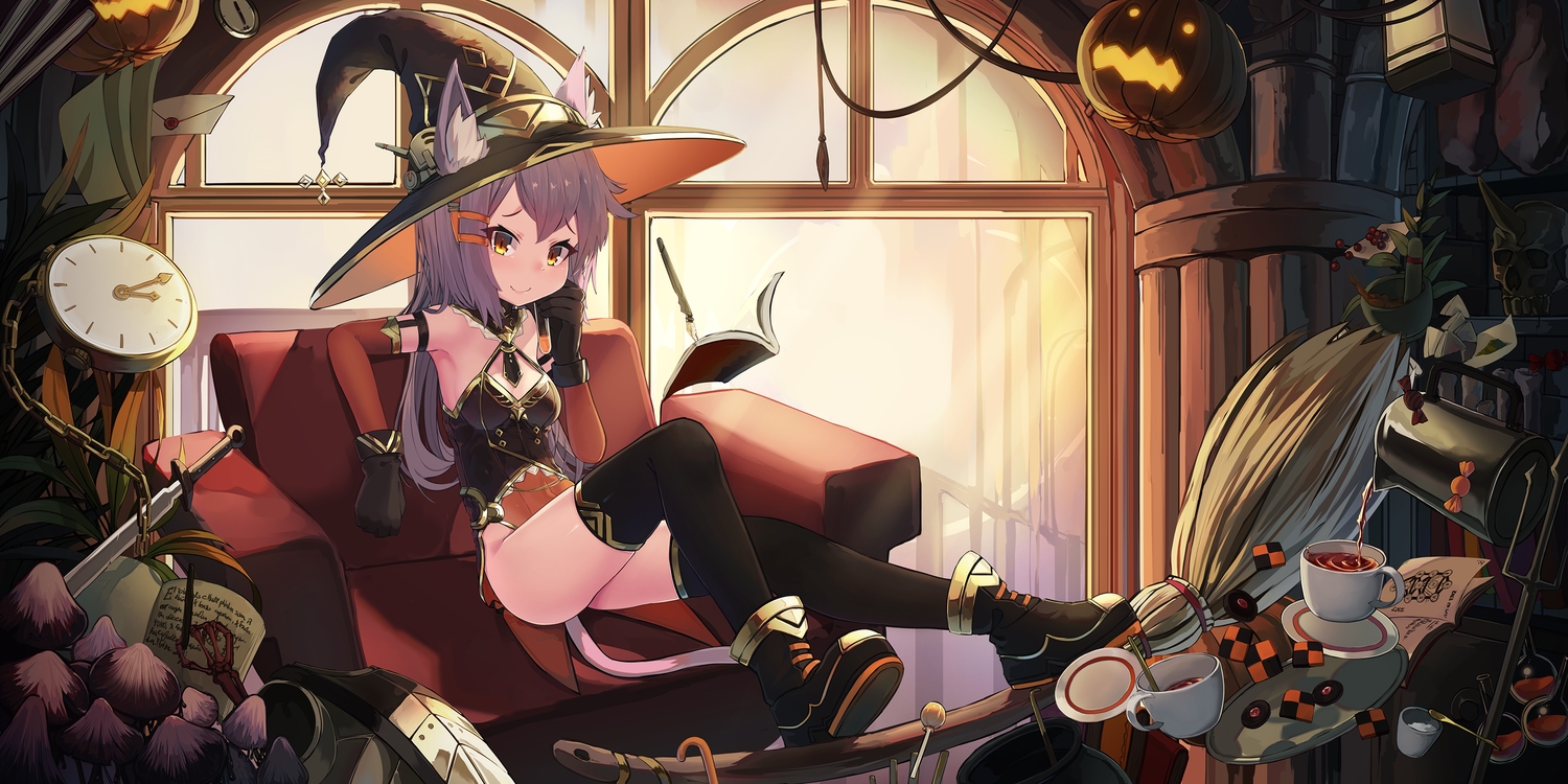 animal_ears, bodysuit, bones, book, boots, candy, catgirl, drink, elbow_gloves, food, gloves, halloween, hat, lollipop, magic, natori_youkai, original, pumpkin, purple_hair, skull, sword, tail, thighhighs, weapon, witch, witch_hat