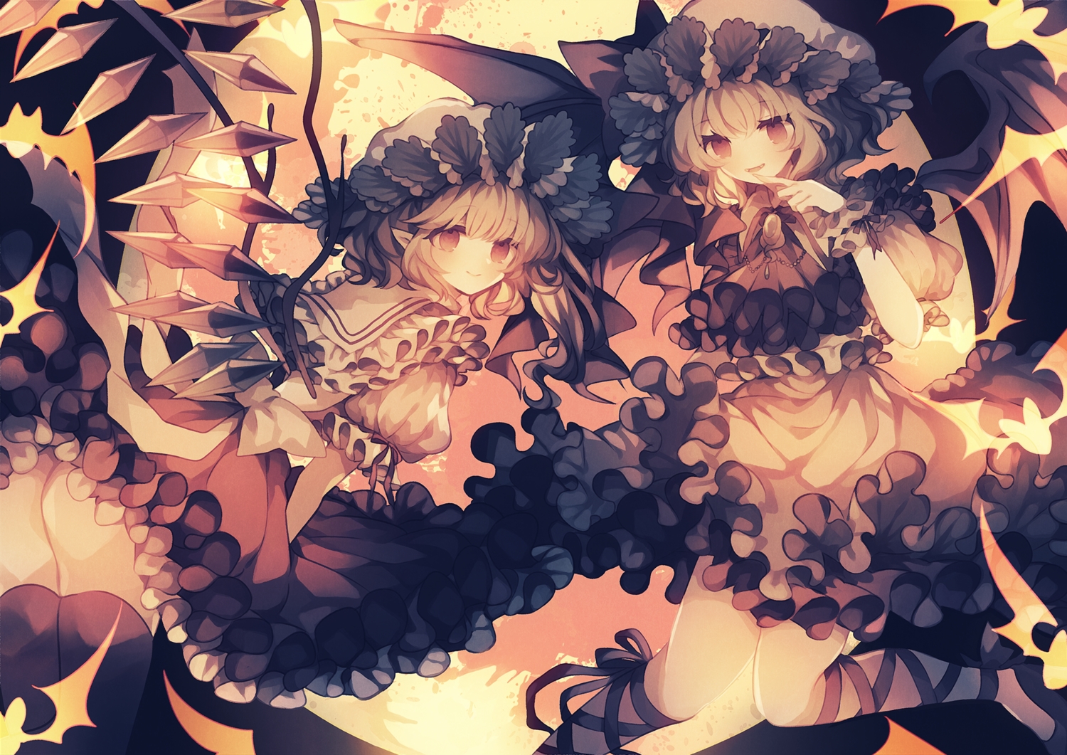 2girls, blonde_hair, dress, flandre_scarlet, halloween, hat, pointed_ears, polychromatic