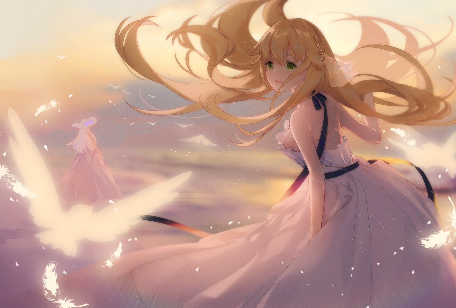 2girls, animal, anthropomorphism, aurora_(azur_lane), azur_lane, bird, blonde_hair, breasts
