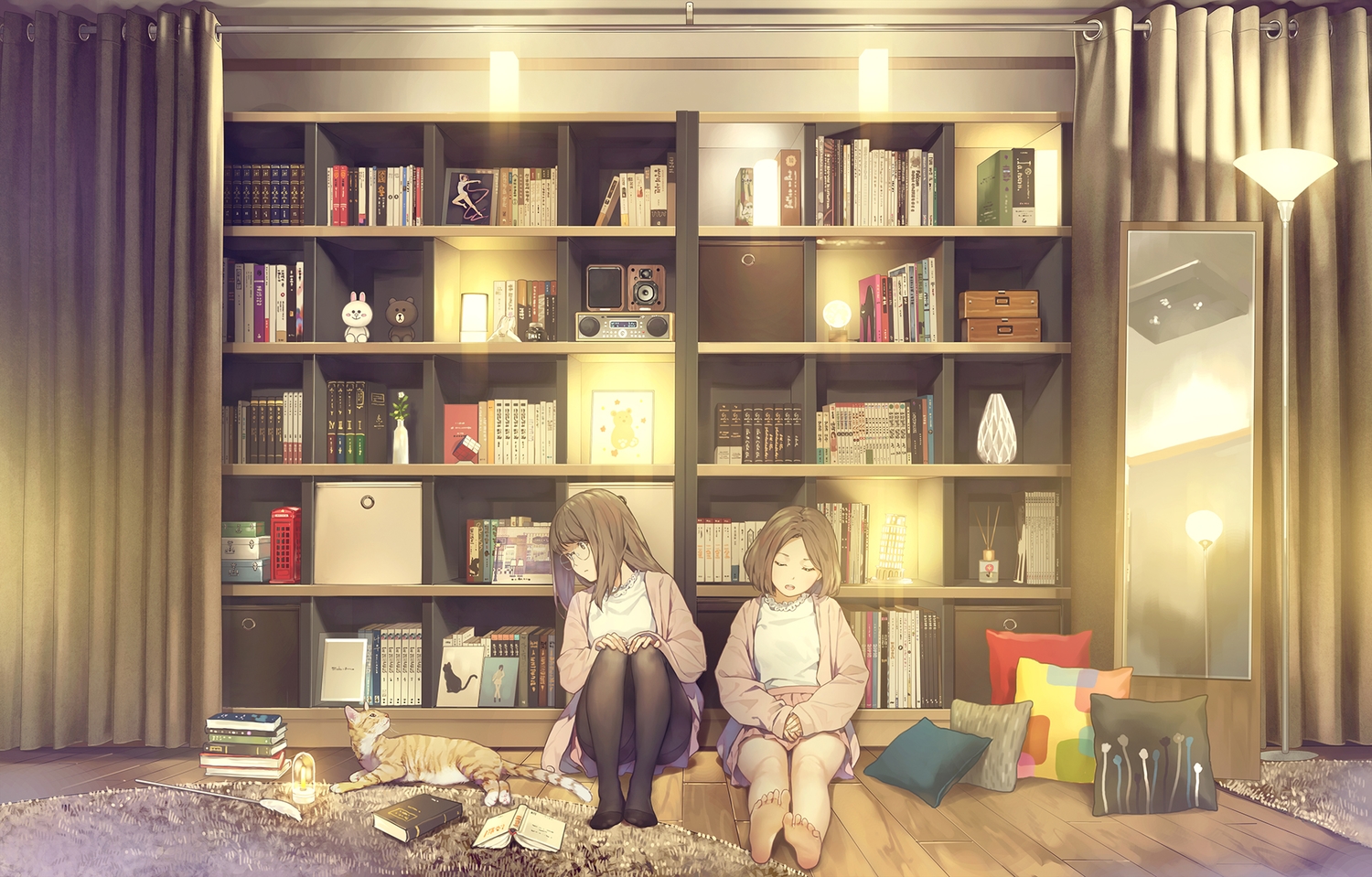2girls, animal, barefoot, book, brown_hair, cat, glasses, long_hair