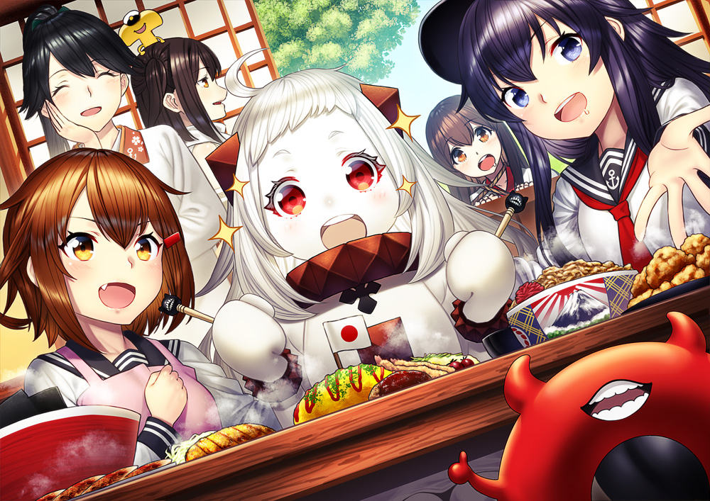 admiral_(kancolle), akagi_(kancolle), akatsuki_(kancolle), anthropomorphism, apron, black_hair, blue_eyes, brown_hair