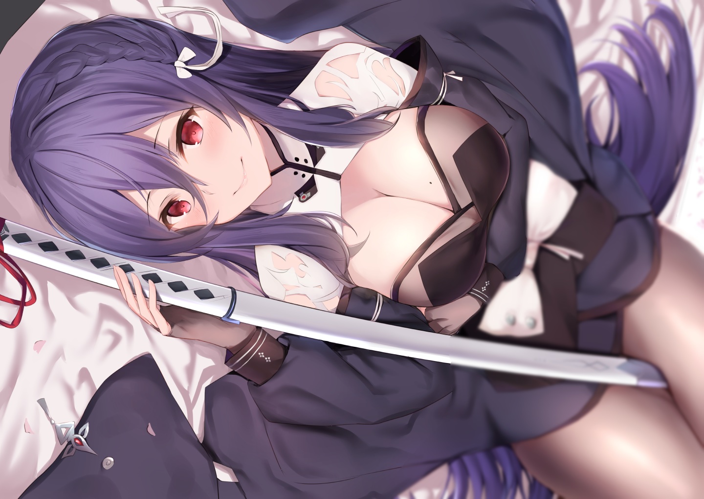bed, blush, braids, breast_hold, breasts, cleavage, gloves, iron_saga