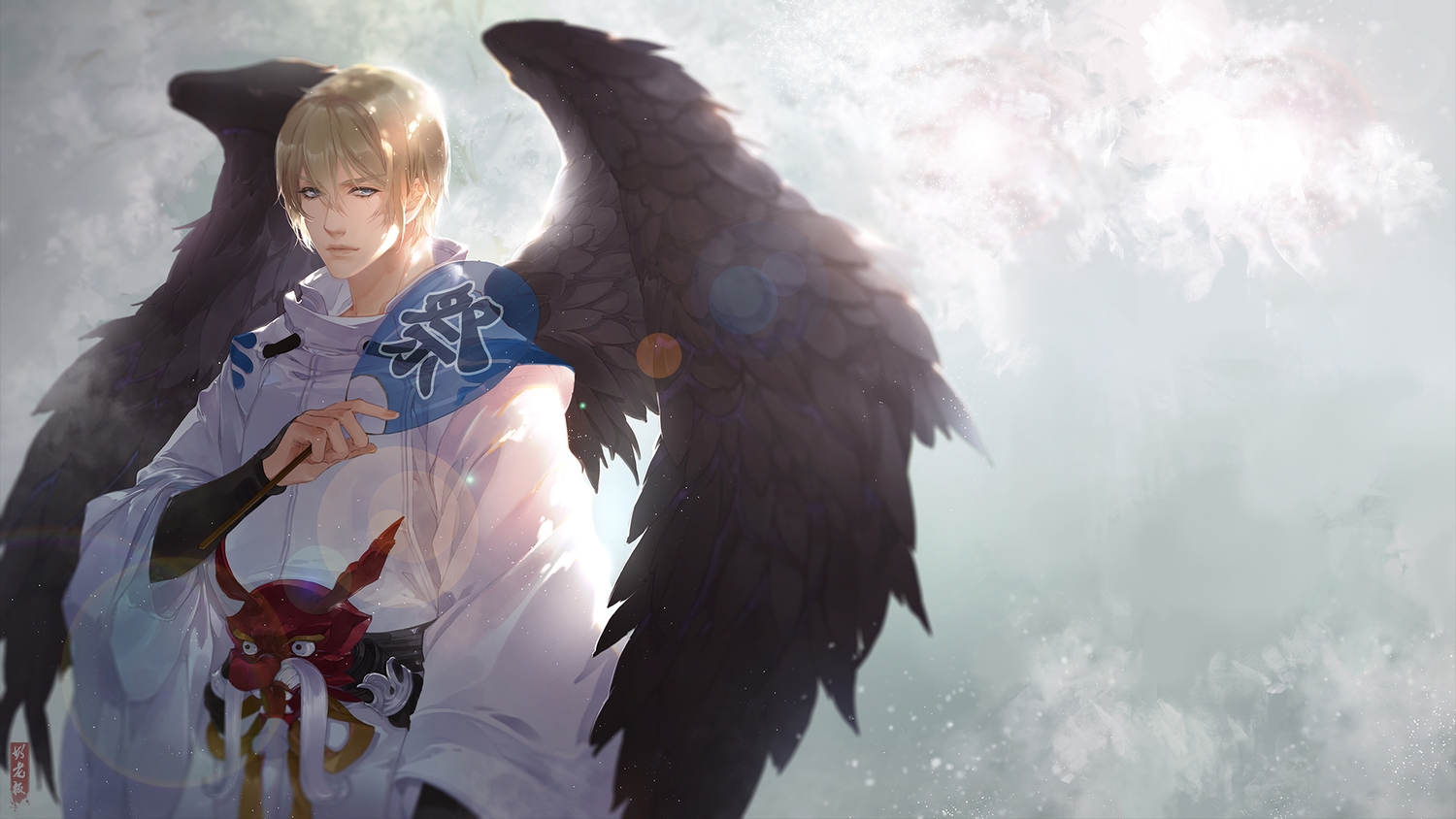 all_male, blonde_hair, blue_eyes, fan, japanese_clothes, male, mask, milk_boss