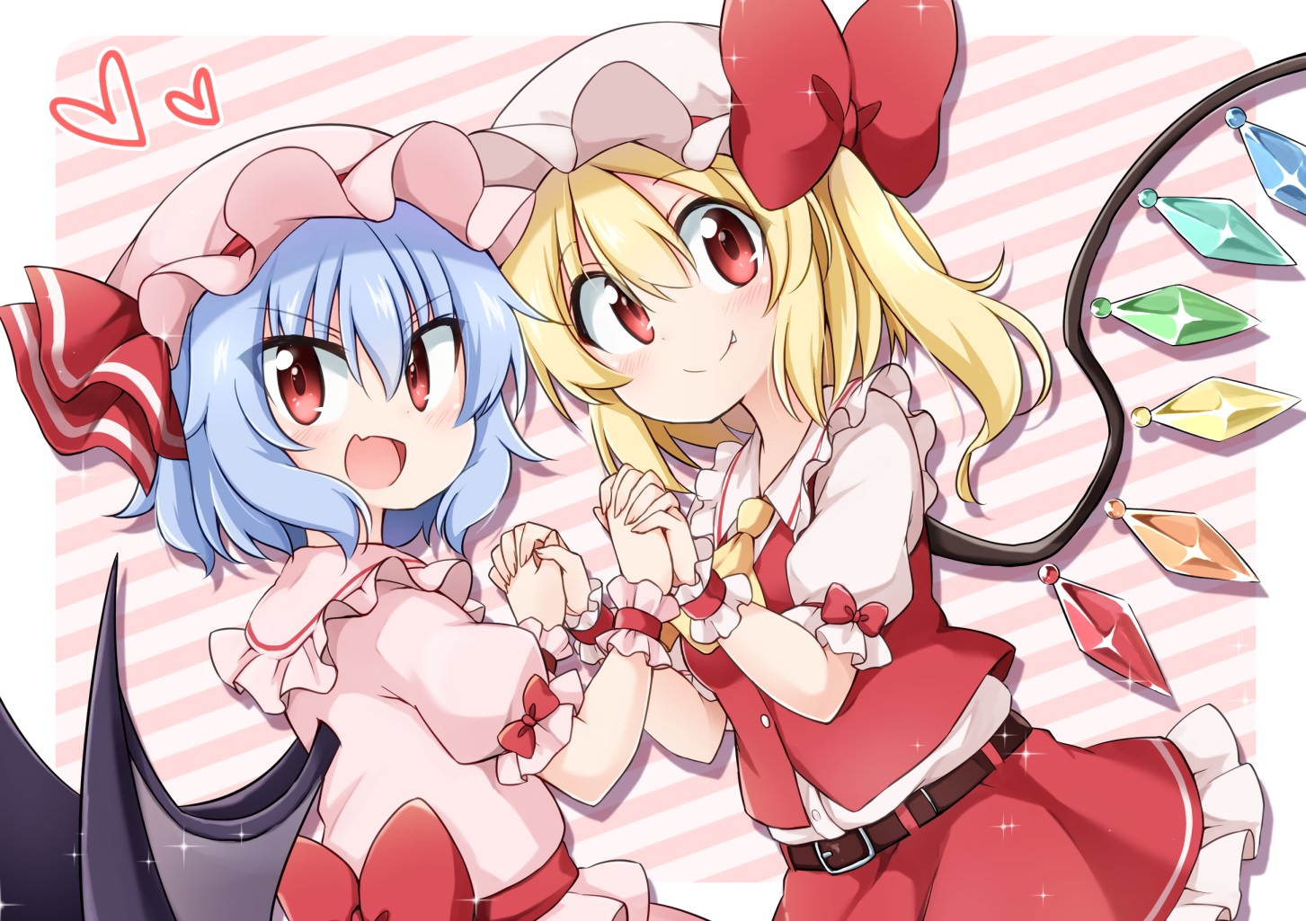 2girls, blonde_hair, blue_hair, blush, bow, fang, flandre_scarlet, hat, loli, ponytail, red_eyes, remilia_scarlet, short_hair, skirt, suwa_yasai, touhou, vampire, wings, wristwear