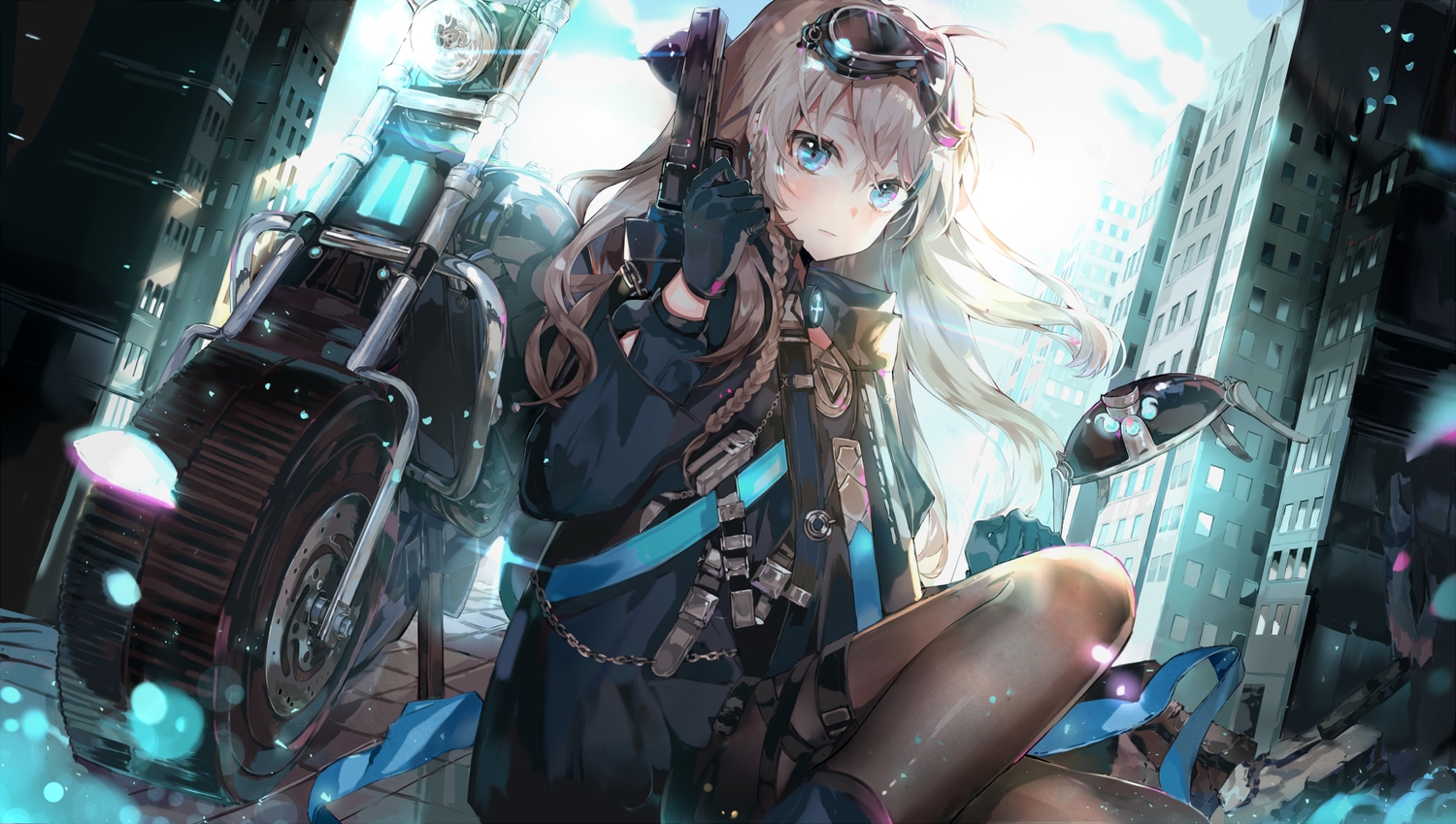 aqua_eyes, blonde_hair, braids, building, city, dohj001, gun, iron_saga, long_hair, motorcycle, pantyhose, sherry_(iron_saga), weapon