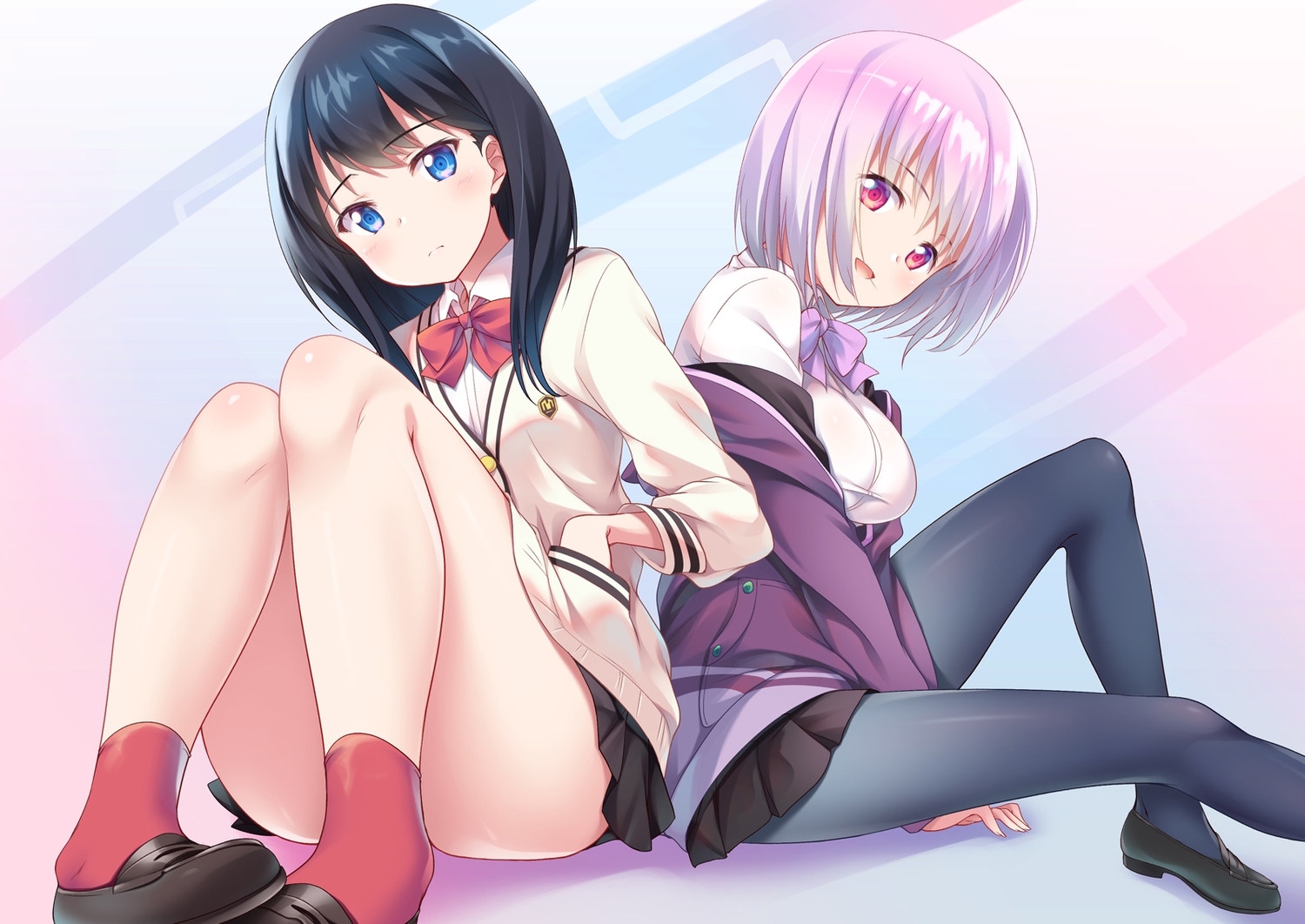 2girls, black_hair, blue_eyes, blush, pantyhose, pink_eyes, pink_hair, school_uniform
