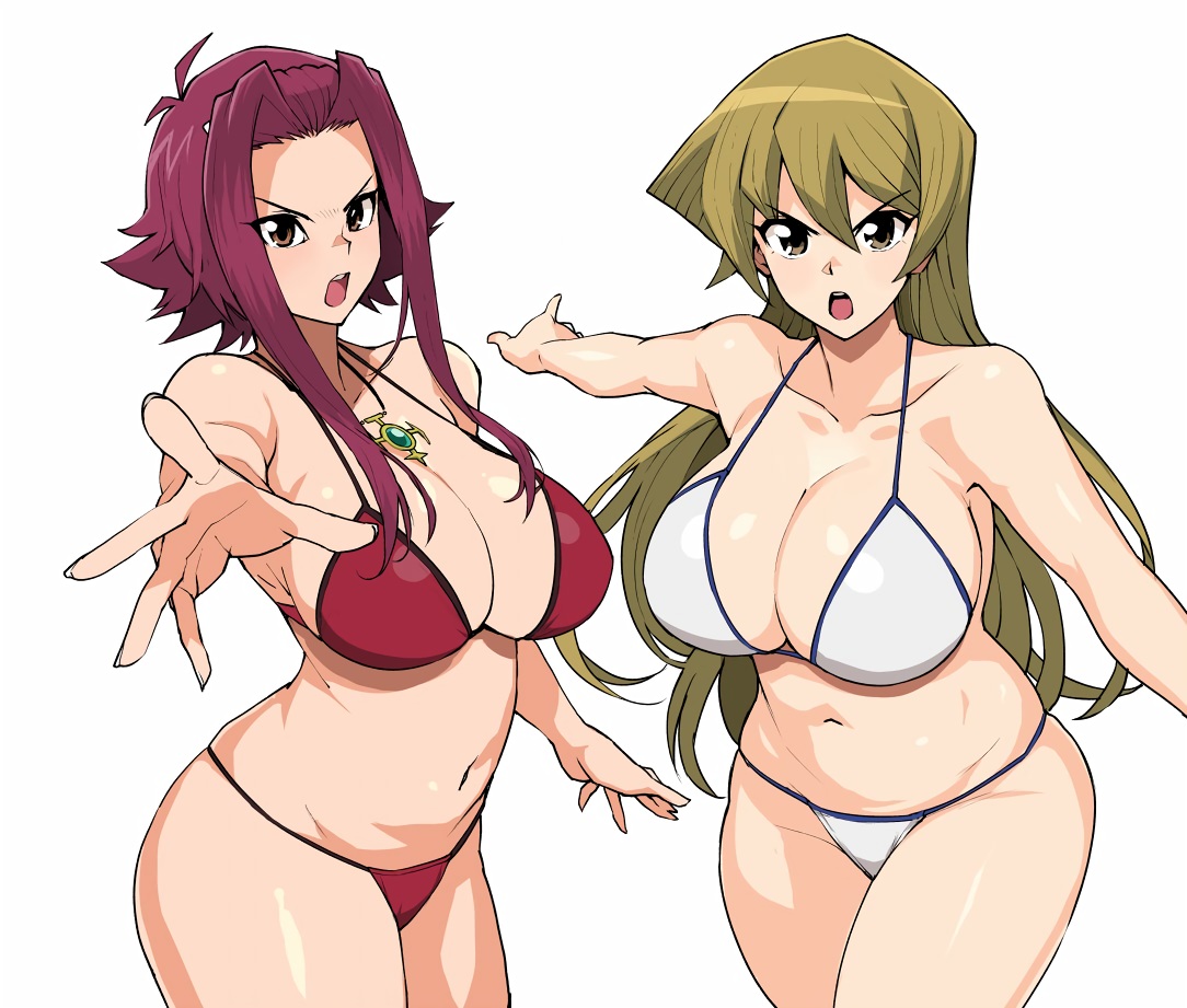 2girls, aliasing, bikini, breasts, brown_eyes, brown_hair, cleavage, izayoi_aki