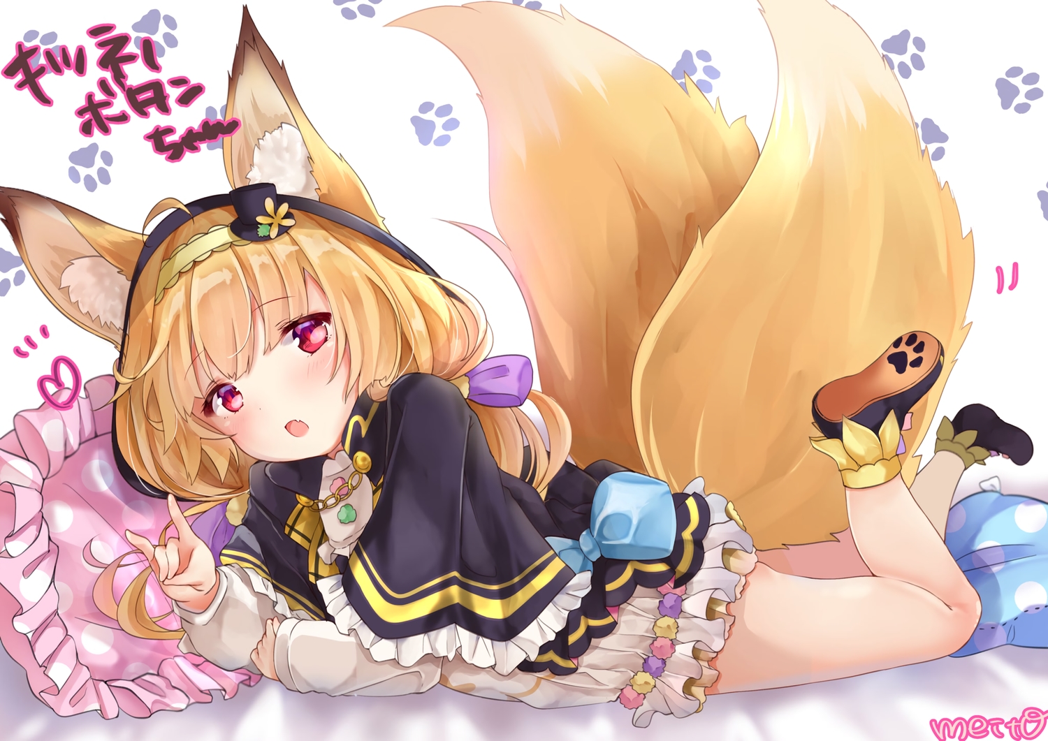animal_ears, anthropomorphism, bed, blonde_hair, cape, dress, fang, flower_knight_girl, foxgirl, headband, hood, kitsune_no_botan, loli, long_hair, multiple_tails, neco_meito, red_eyes, signed, tail, twintails