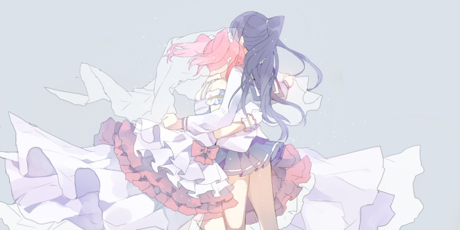 2girls, black_hair, bow, dress, hug, kurosawa_ruby, long_hair, love_live!_school_idol_project, love_live!_sunshine!!, mashiro_(rikuya), matsuura_kanan, ponytail, red_hair, school_uniform, skirt, twintails