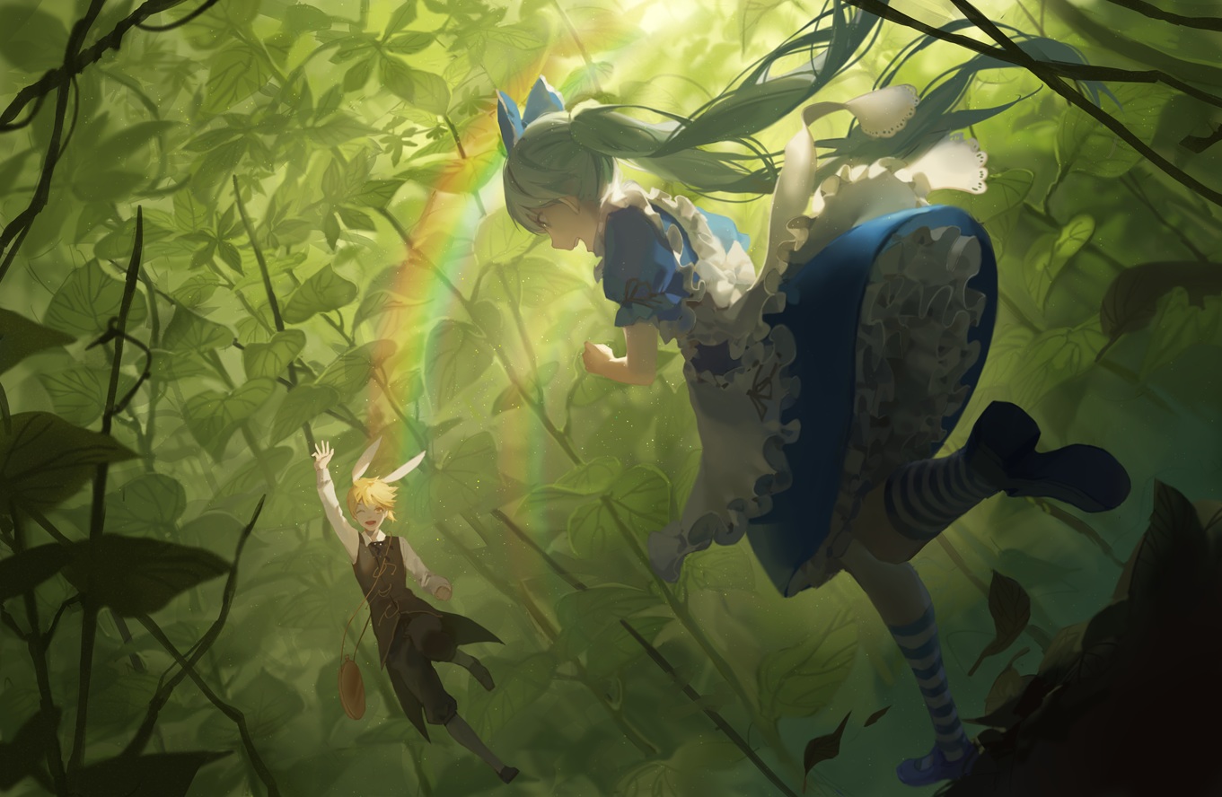 alice_in_wonderland, animal_ears, blonde_hair, bunny_ears, cosplay, green, green_hair, hatsune_miku