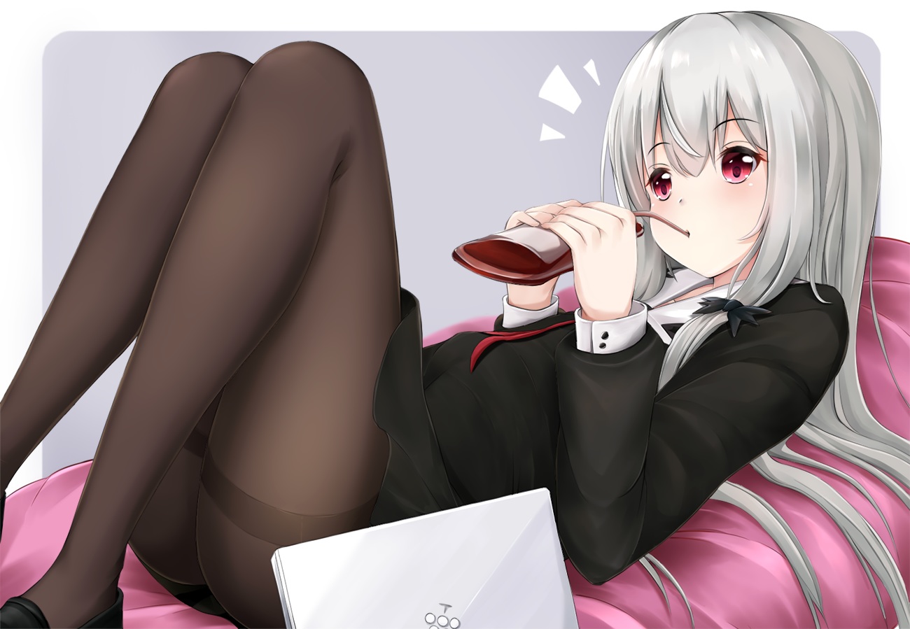 bed, blood, computer, drink, gray_hair, long_hair, mctom, pantyhose