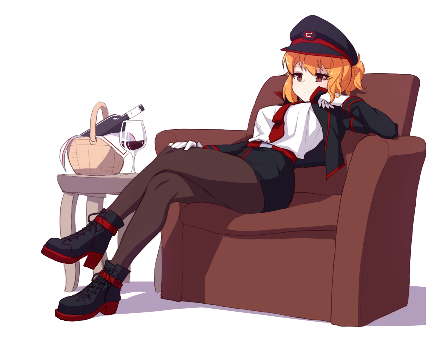 boots, brown_eyes, drink, gloves, hat, narynn, narynn_(character), orange_hair, original, pantyhose, short_hair, skirt, tie, uniform, white