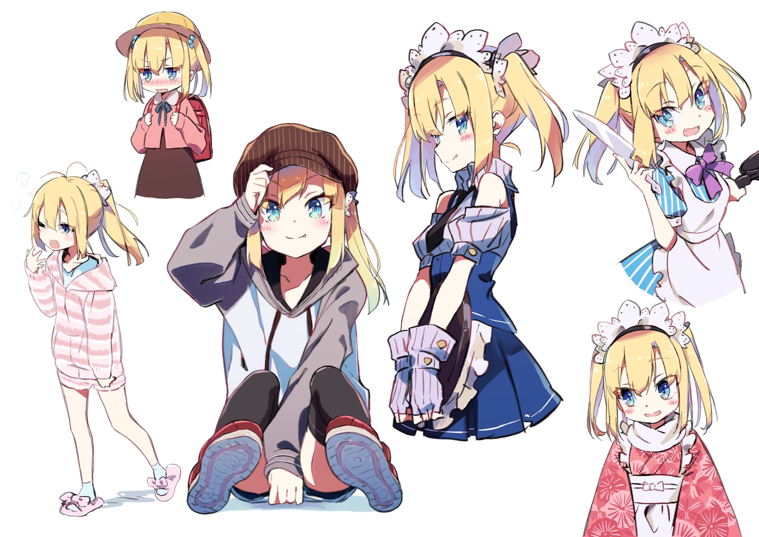 amaryllis_gumi, apron, aqua_eyes, blonde_hair, blush, bow, fang, gloves