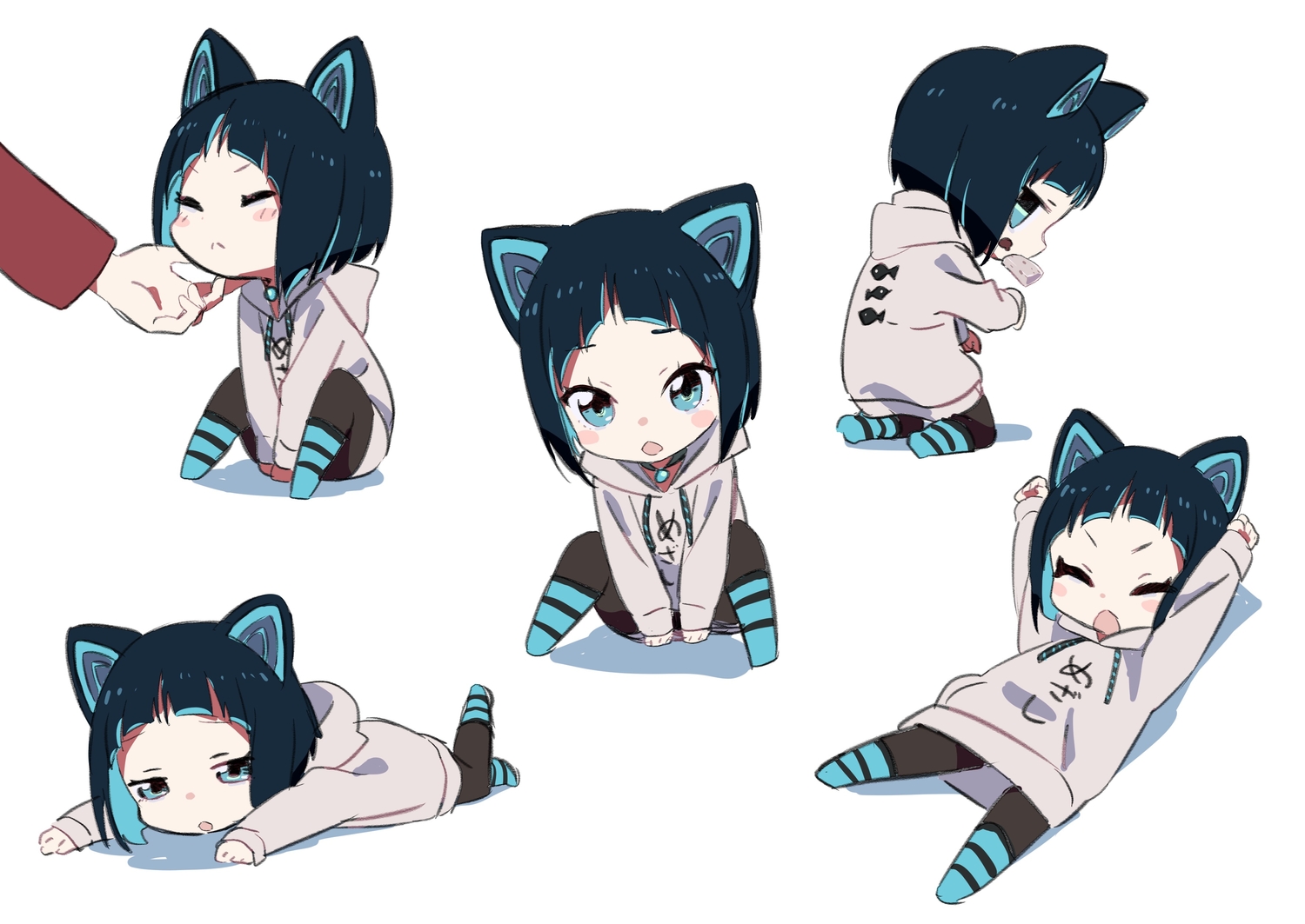 animal_ears, black_hair, blue_eyes, catgirl, chibi, choker, food, gems_company, hood, mizushima_aoi, short_hair, tama_(tama-s)