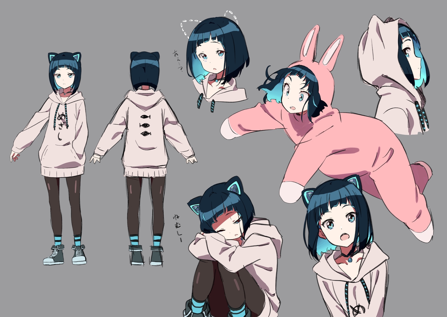 animal_ears, black_hair, blue_eyes, bunny_ears, catgirl, choker, gems_company, hood