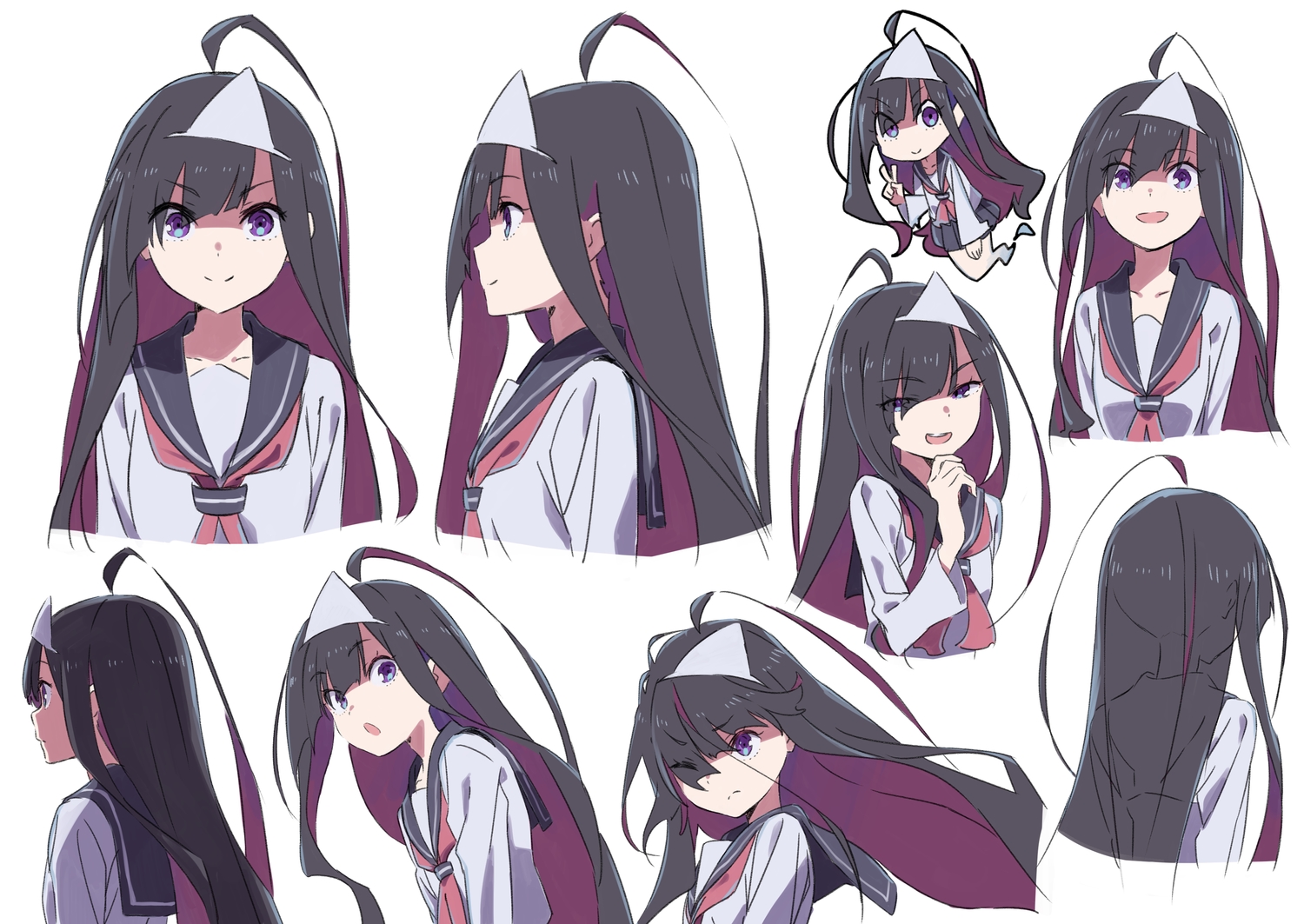 black_hair, headdress, long_hair, original, purple_eyes, school_uniform, skirt, tama_(tama-s)