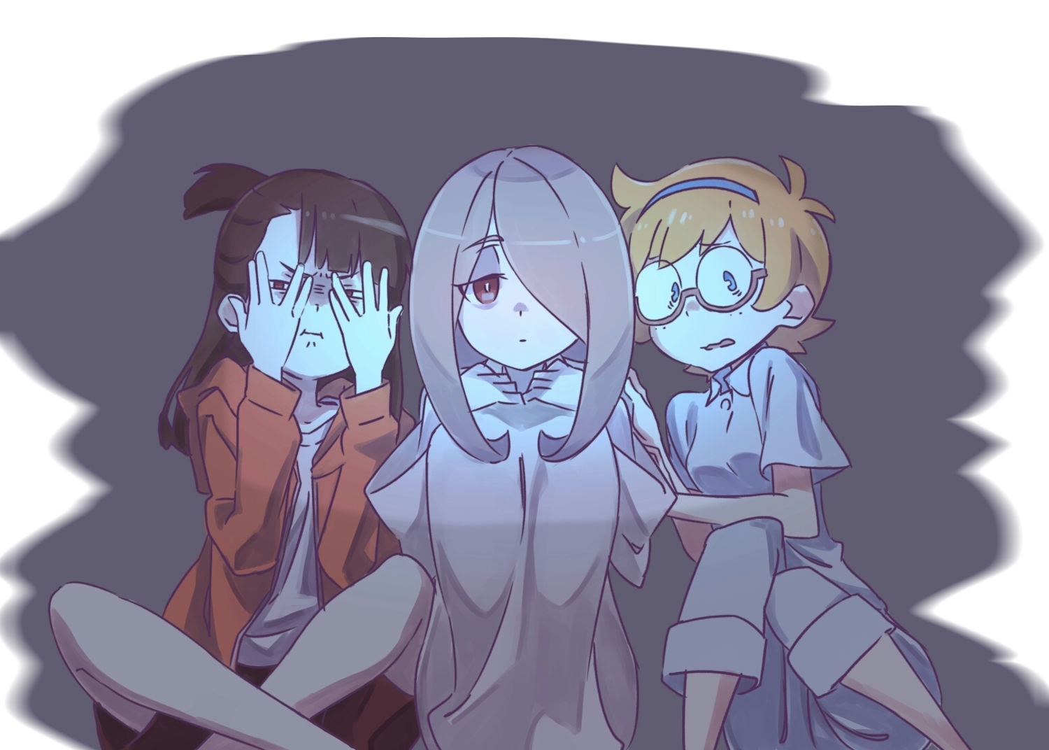 blue_eyes, brown_eyes, brown_hair, dark, glasses, headband, hood, kagari_atsuko