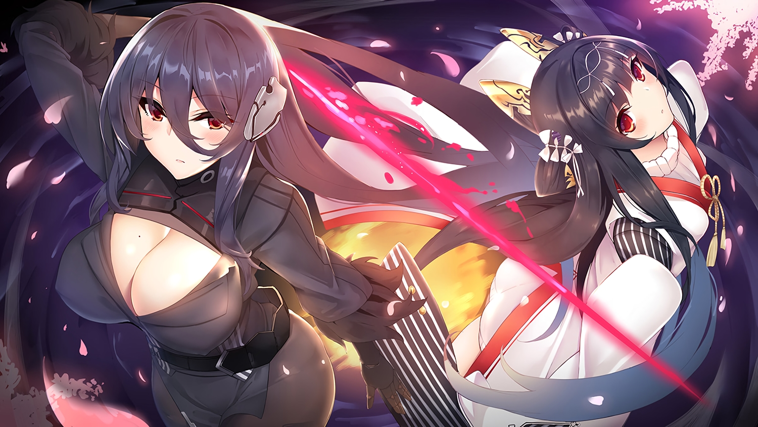 2girls, black_hair, breasts, cleavage, dress, erect_nipples, gloves, headdress