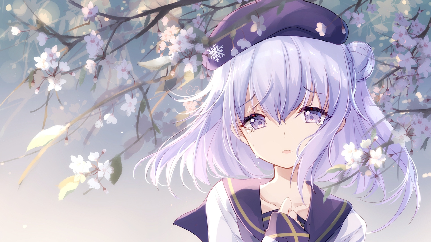 anthropomorphism, bison_cangshu, blue_eyes, blue_hair, close, crying, flowers, gradient, hat, school_uniform, short_hair, tears, yukikaze_(zhanjian_shaonu), zhanjian_shaonu
