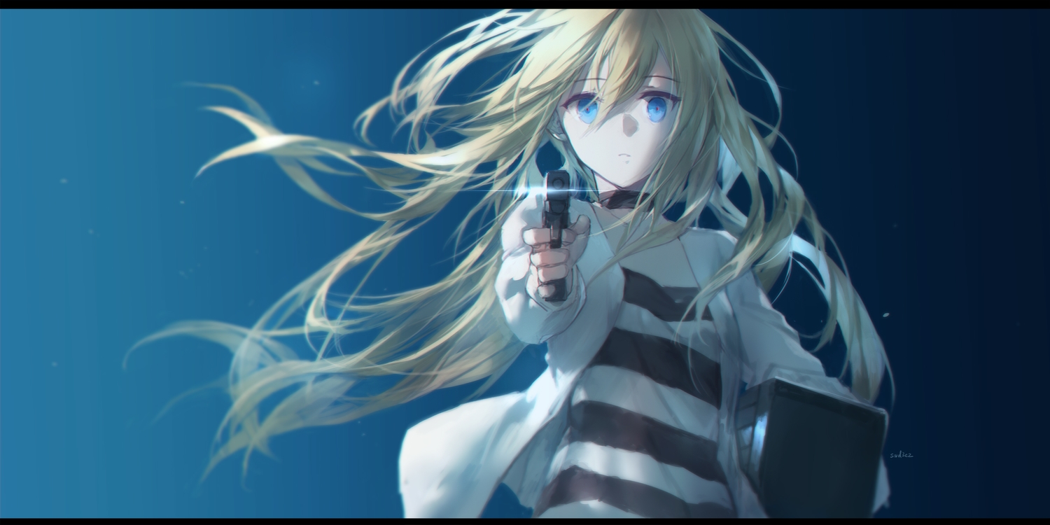 aqua_eyes, blonde_hair, choker, gradient, gun, long_hair, rachel_gardner, satsuriku_no_tenshi