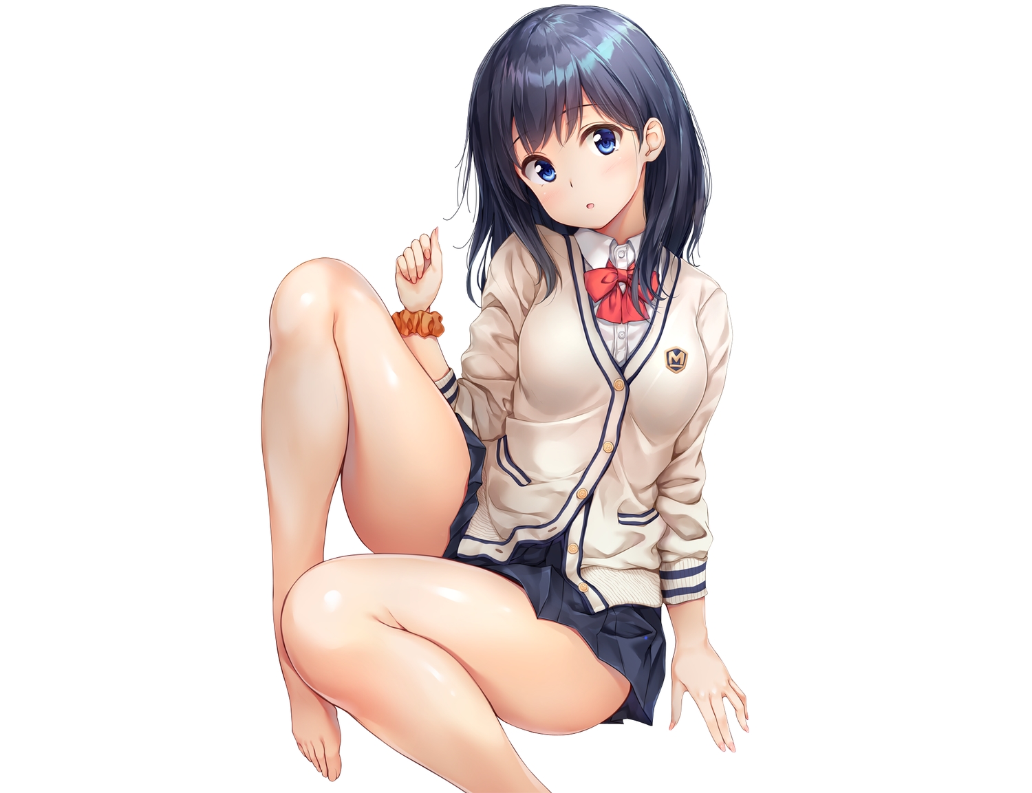 barefoot, blue_eyes, blue_hair, bow, pasdar, school_uniform, skirt, ssss.gridman, takarada_rikka, third-party_edit, white, wristwear
