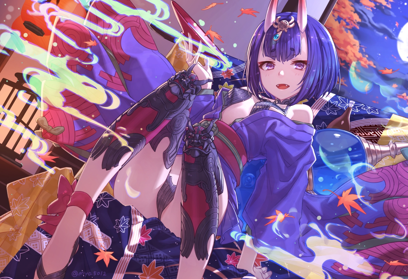 autumn, bikini, blue_hair, demon, drink, fang, fate/grand_order, fate_(series)