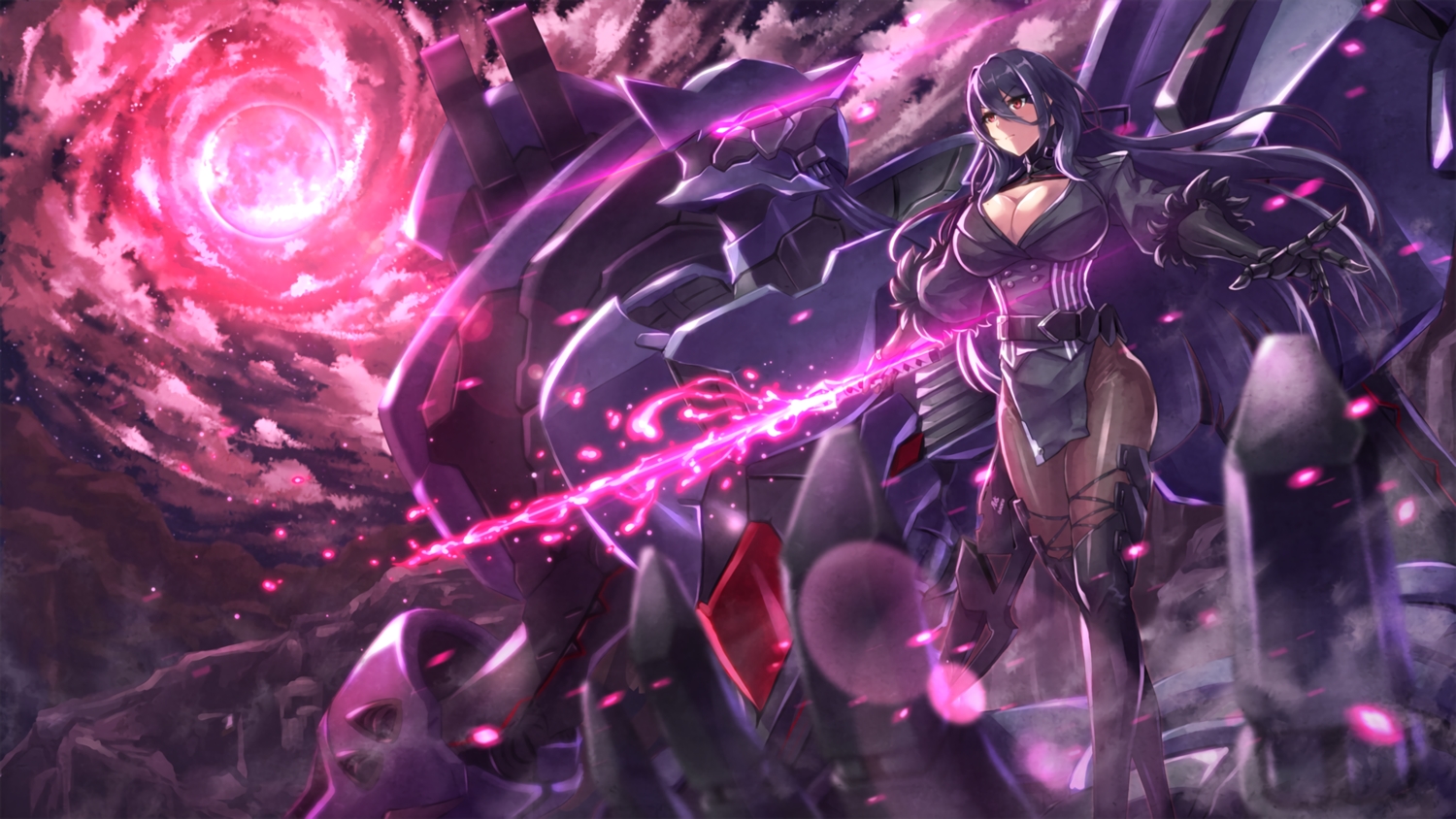black_hair, boots, breasts, cleavage, clouds, dress, elbow_gloves, gloves