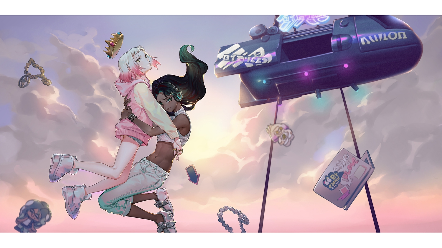 2girls, aircraft, airship, black_hair, clouds, computer, crown, dark_skin, green_eyes, headphones, hime_(splatoon), hood, hug, iida_(splatoon), long_hair, navel, necklace, pink_hair, short_hair, sky, soramame_(corndog), splatoon, wristwear, yellow_eyes