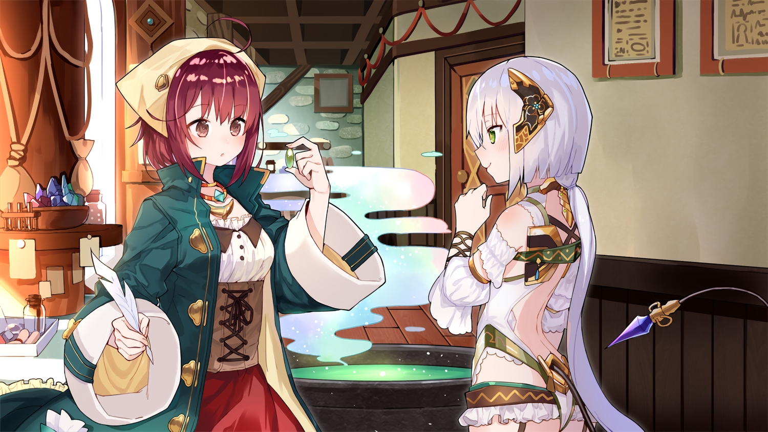 2girls, atelier, atelier_sophie, brown_eyes, corset, feathers, green_eyes, headdress