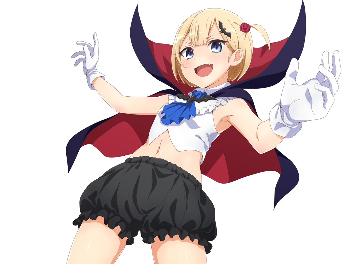 aqua_eyes, blonde_hair, bloomers, cape, fang, flat_chest, gloves, halloween