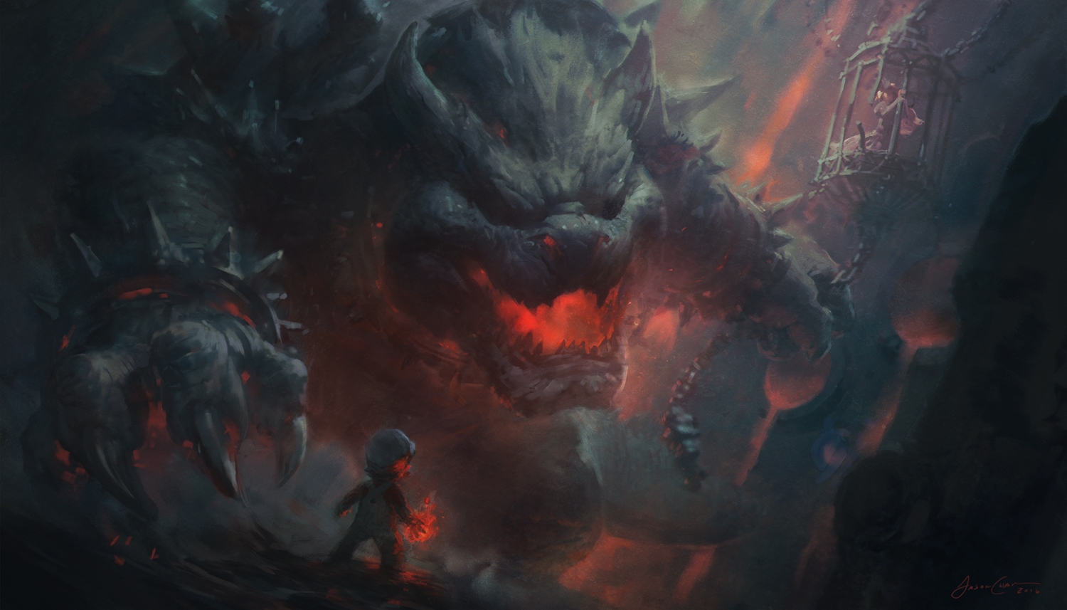 blonde_hair, bowser, cage, chain, dark, dark_souls, dress, fire