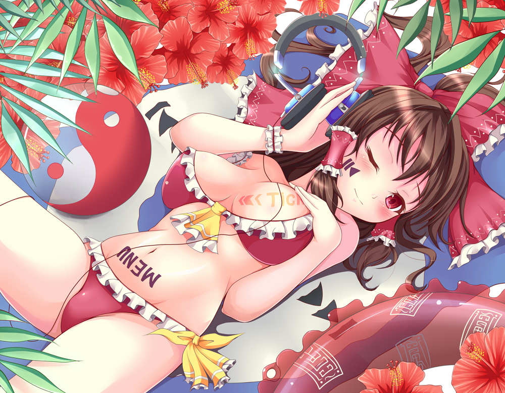ball, bikini, blush, breast_hold, breasts, brown_hair, flowers, hakurei_reimu, headphones, long_hair, meropan, navel, red_eyes, swim_ring, swimsuit, tattoo, touhou, wink