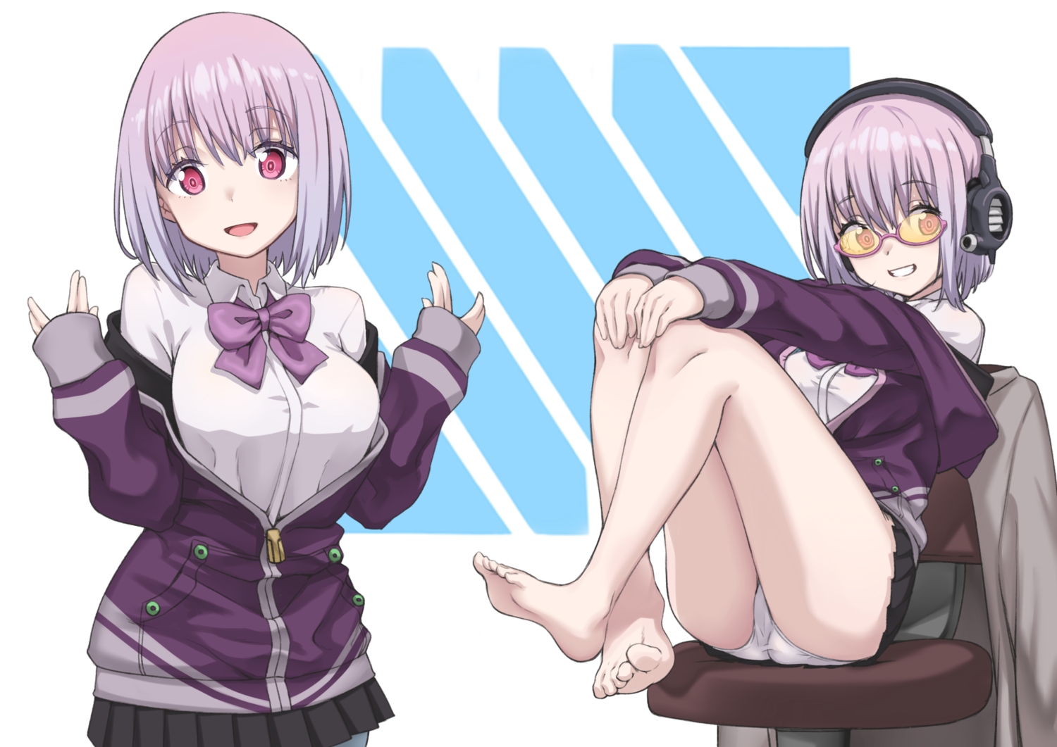 barefoot, glasses, headphones, ivan_wang, panties, pink_eyes, purple_hair, school_uniform